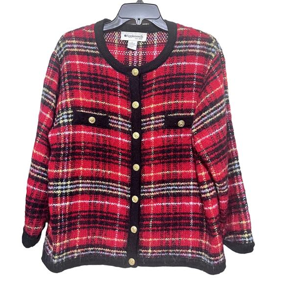 VTG Appleseeds Mohair blend Red plaid sweater cardigan gold buttons jacket sz L - Picture 1 of 5